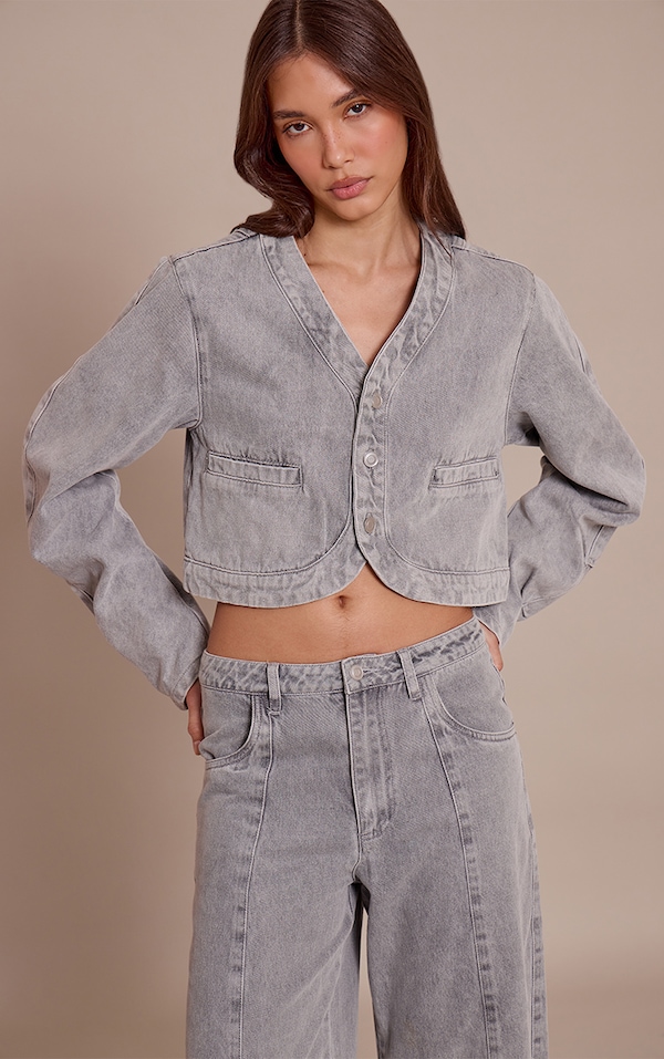 Grey V Neck Curved Hem Cropped Denim Jacket