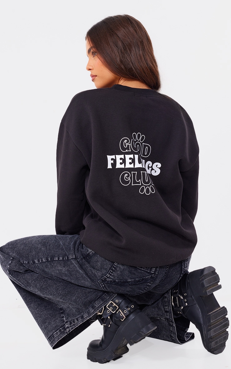 PRETTYLITTLETHING Black Good Feelings Club Printed Sweatshirt