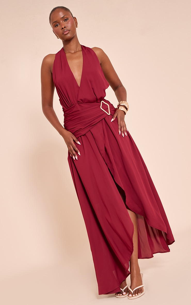 Robe longue en mousseline de soie rouge vin à décolleté et empiècement image 3