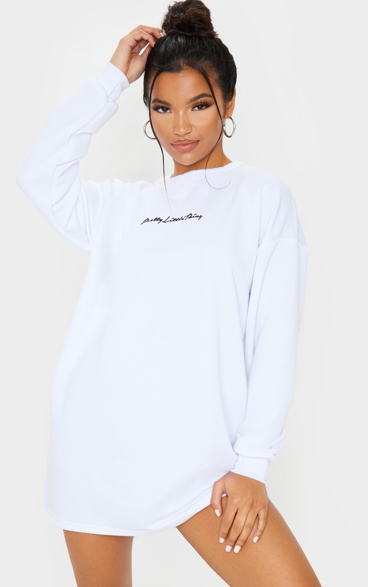 White Embroidered Sweat Jumper Dress image 1