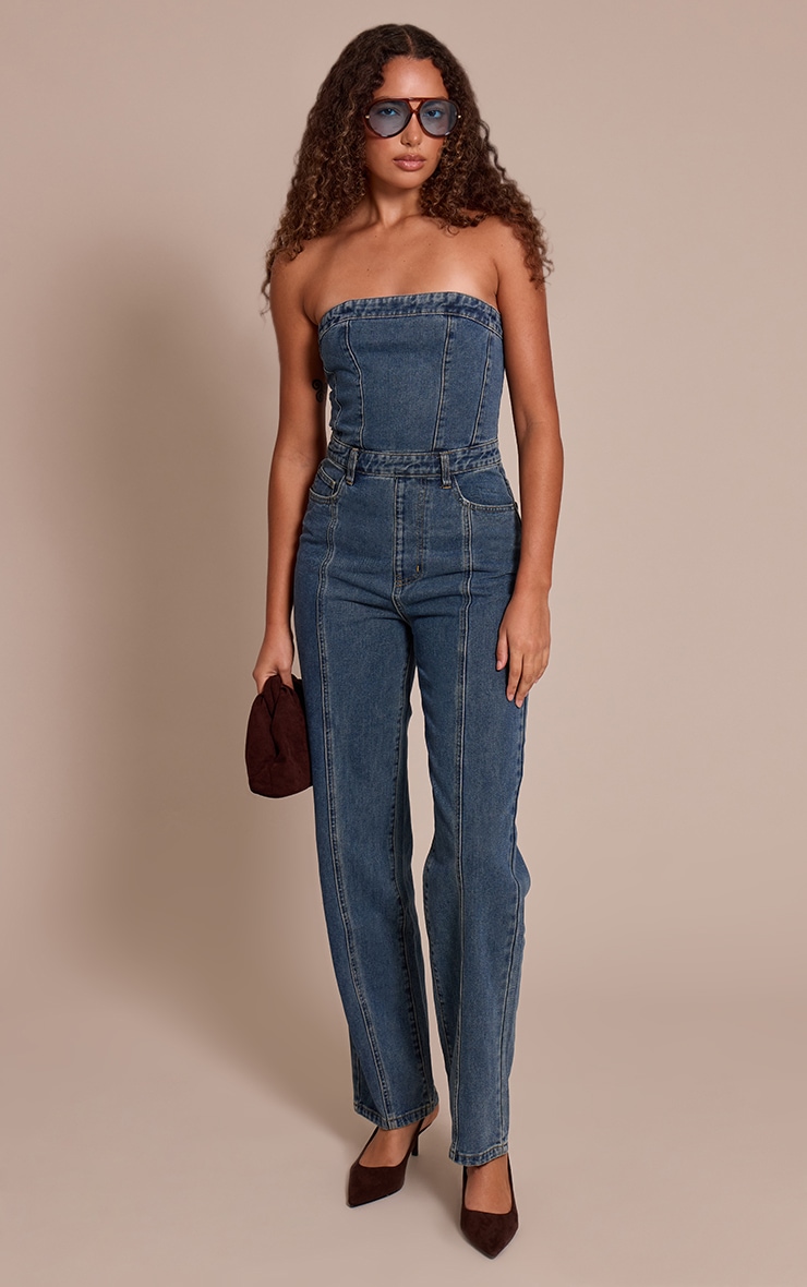 Tall Indigo Vintage Wash Bandeau Style Straight Leg Denim Jumpsuit image 3