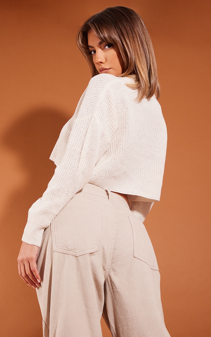 Cream Basic Crew Neck Crop Sweater image 2