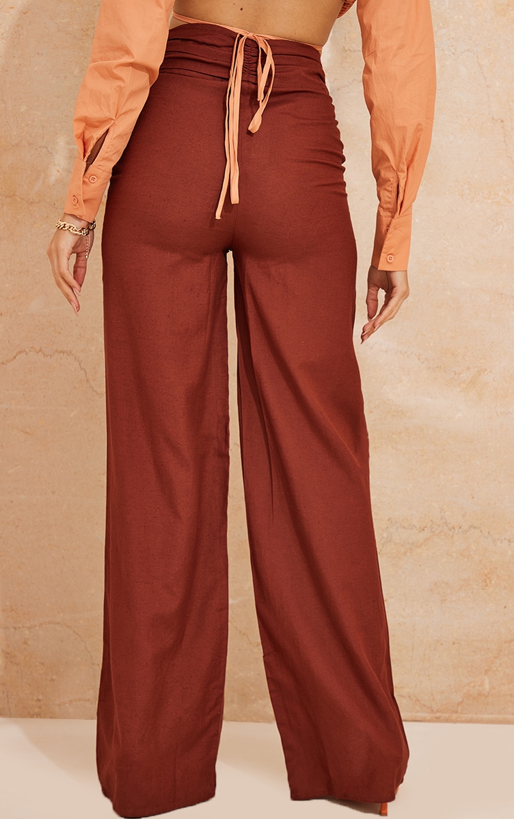 Rust Linen Look Ring Front Wide Leg Pants image 3