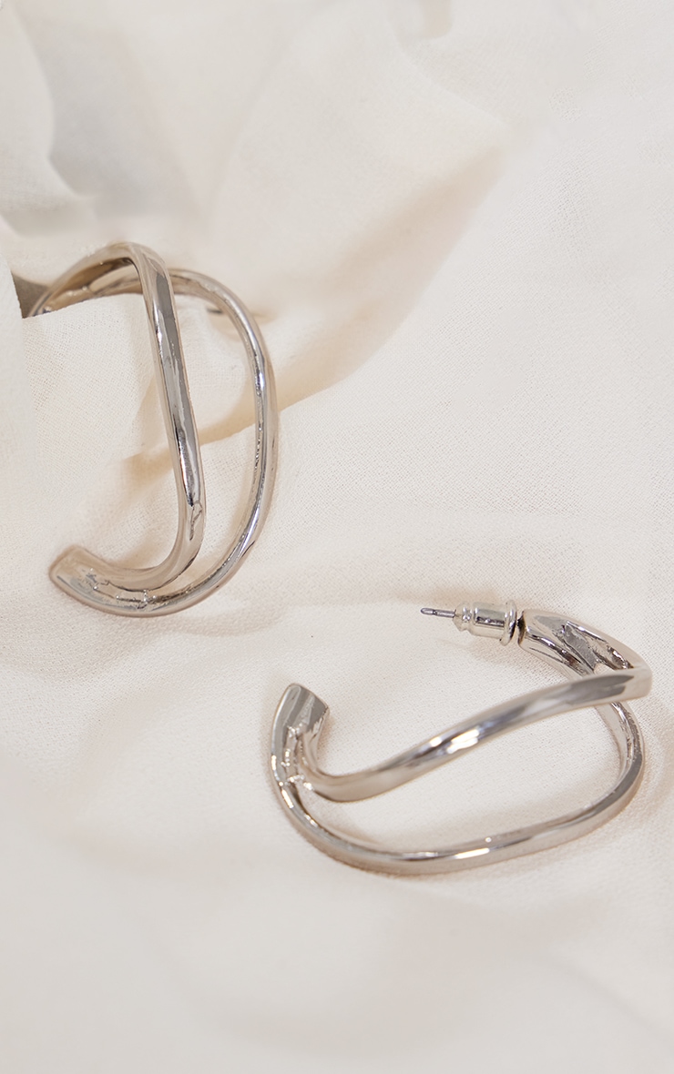 Silver Double Abstract Hoop Earrings image 2