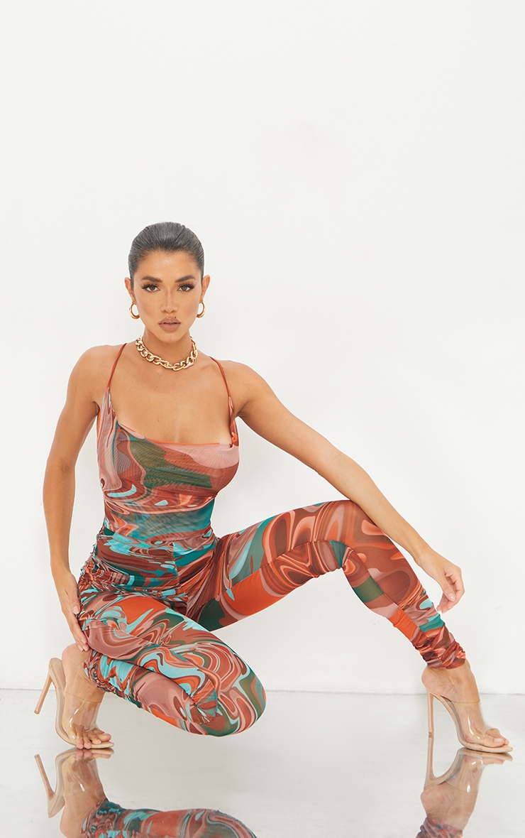 Chocolate Marble Print Strappy Lace Up Mesh Jumpsuit image 3