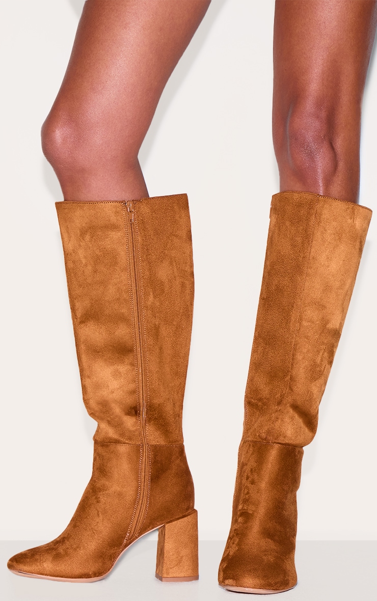 Tan Faux Suede Wide Fit Round Toe Block Heel Knee High Boots image 5