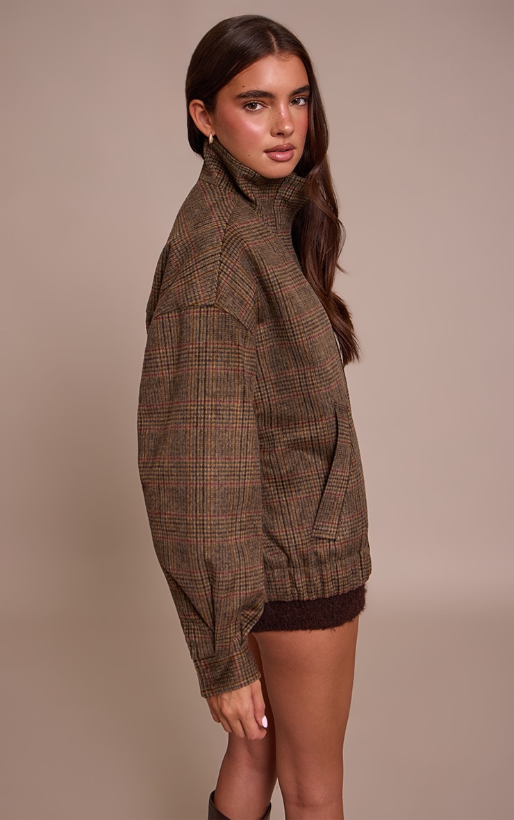 Brown Checked Funnel Neck Bomber Jacket image 2