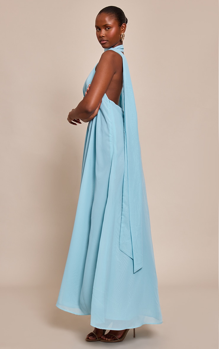 Dusty Blue Chiffon High Neck Scarf Detail Maxi Dress image 3
