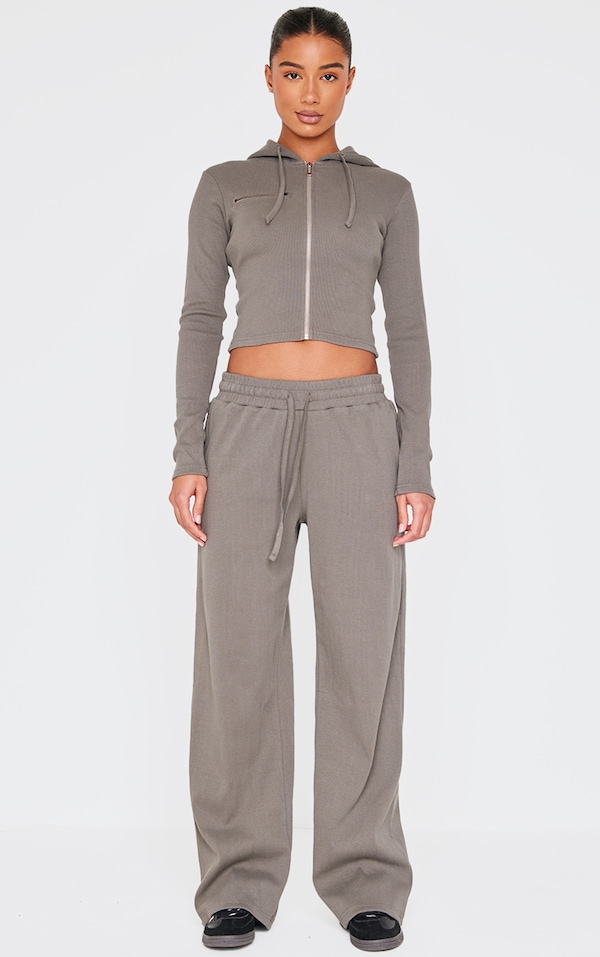Charcoal Ribbed Low Rise Wide Leg Pants