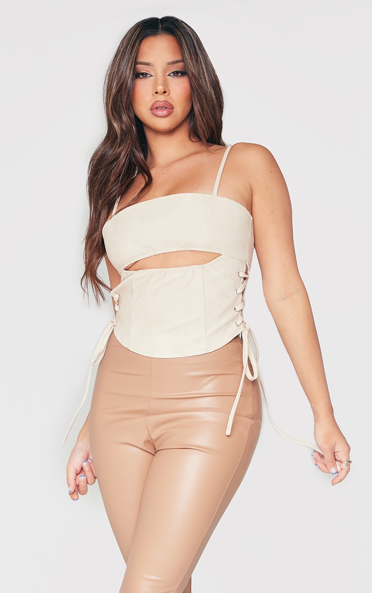 Cream Textured Faux Leather Cut Out Lace Up Sides Top