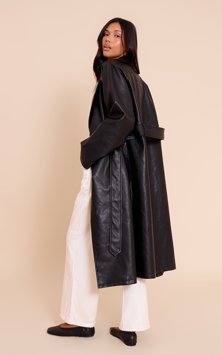Black Faux Leather Maxi Trench Coat image 2