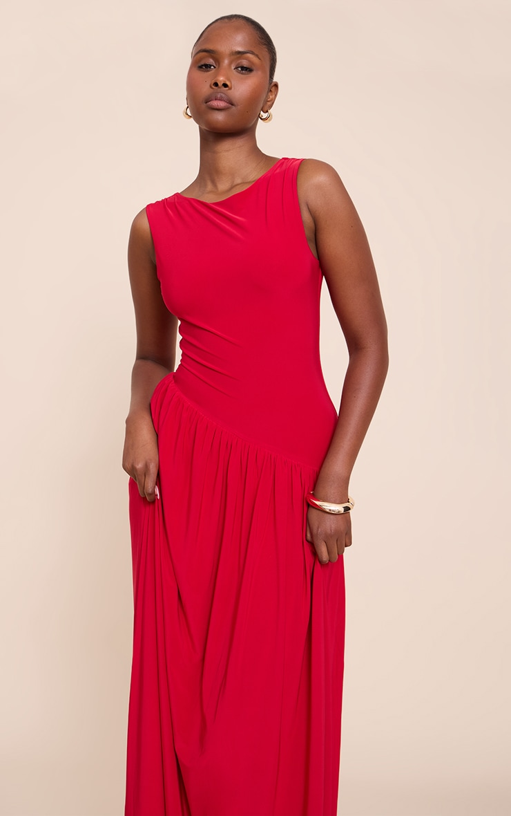 Red Double Layer Soft Touch Asymmetric Dropped Waist Maxi Dress image 4