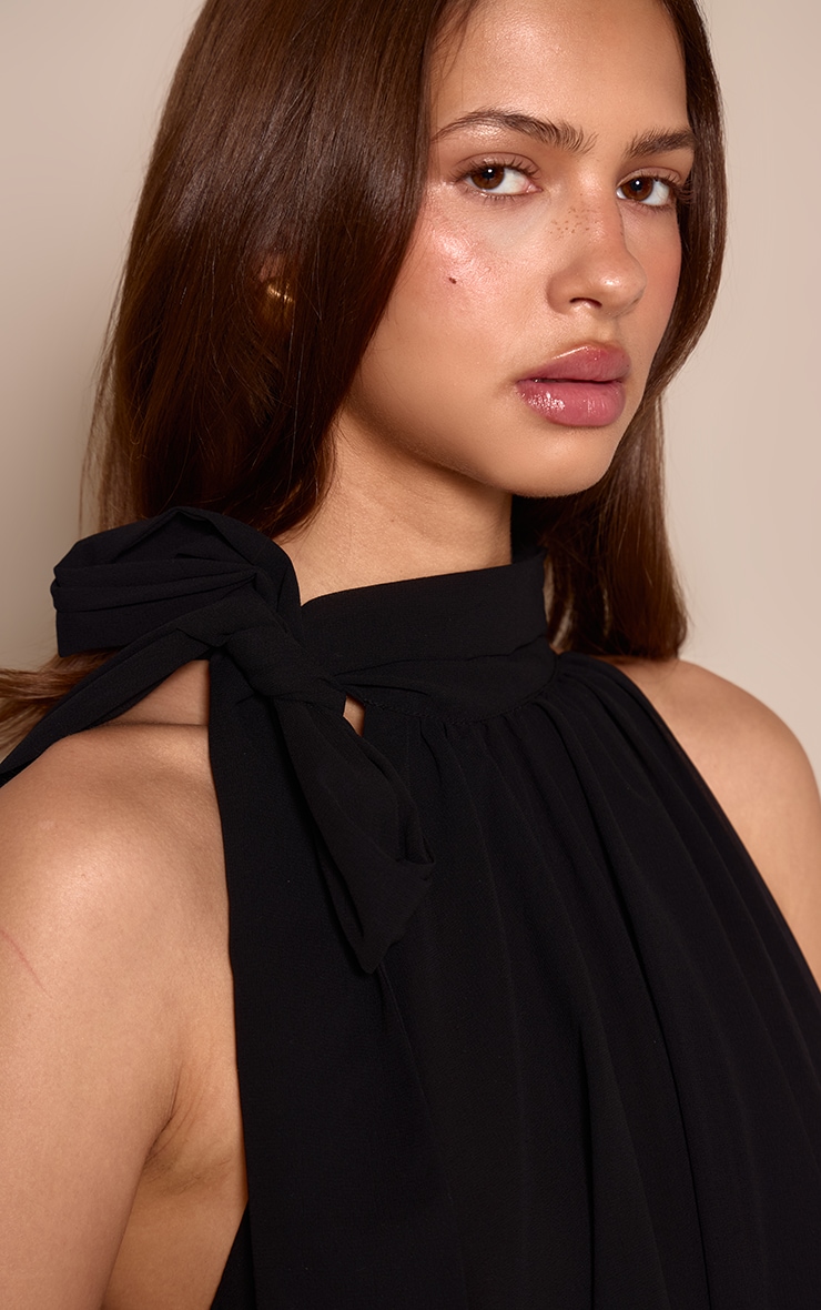 Black Chiffon Neck Tie Puffball Mini Dress image 4