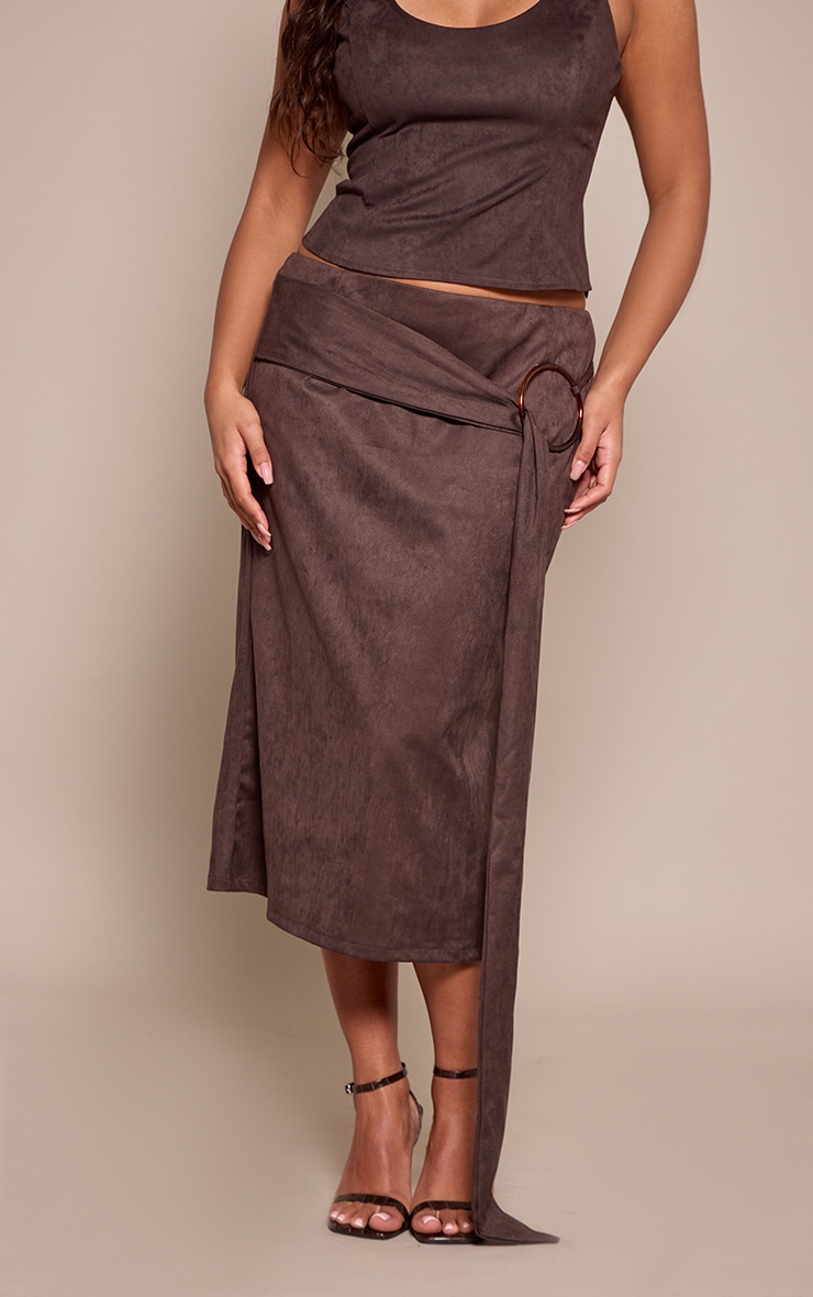Shape Chocolate Suede Trim Detail Midi Skirt image 2