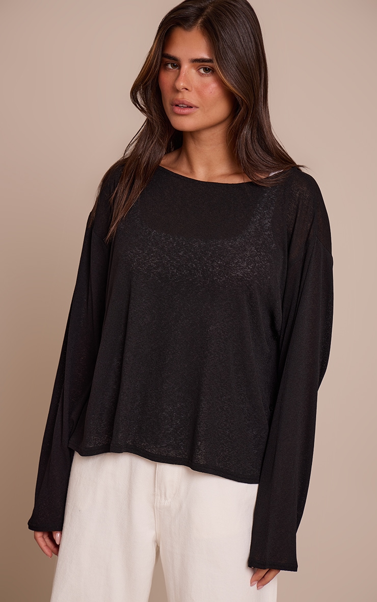 Black Oversized Burnout Mesh Long Sleeve Top  image 1