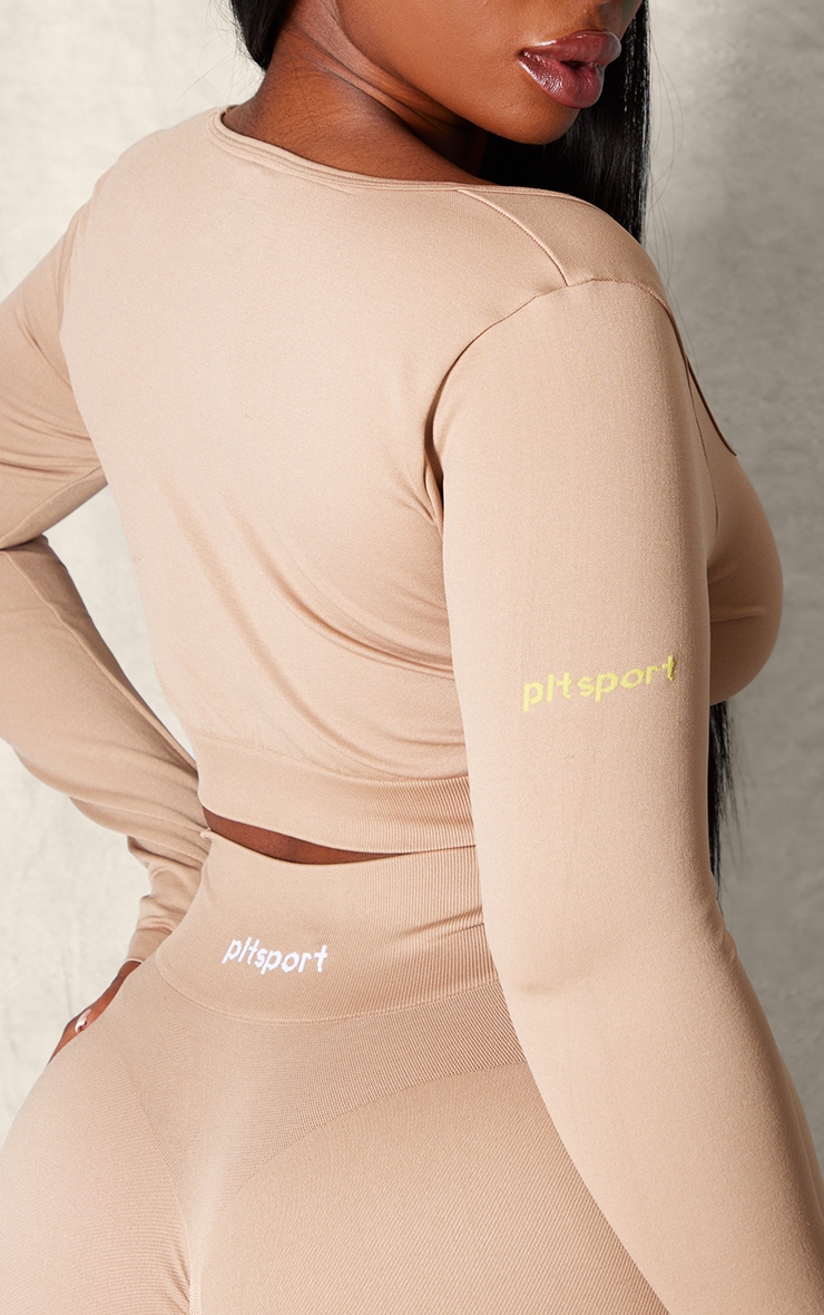 PLT SPORT Plus Light Mocha Seamless Contrast Branding Square Neck Top image 4