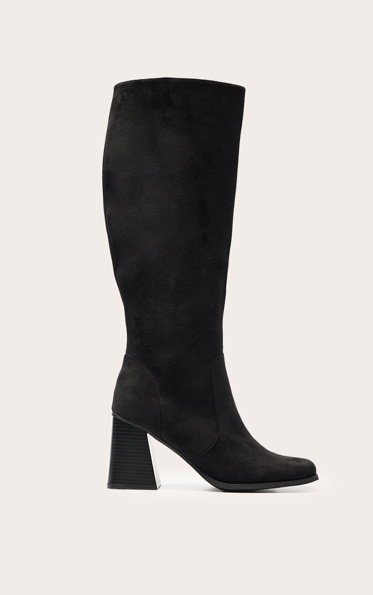 Black Faux Suede Square Toe Flare Block Heel Knee High Boots image 2