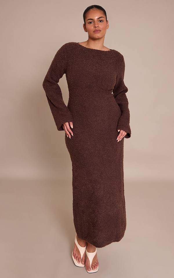 Plus Chocolate Bobble Knit Knitted Maxi Dress 