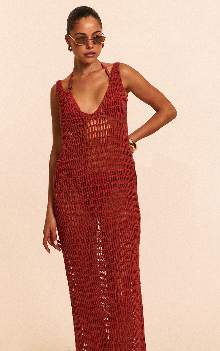 Robe de plage longue en maille style crochet rouille sans manches image 1