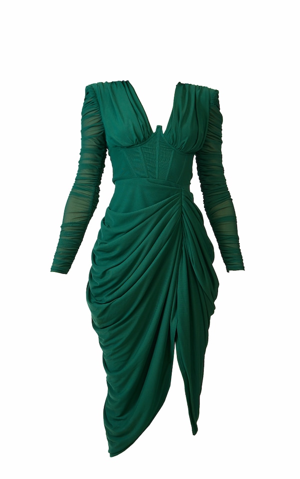 Emerald Green Mesh Ruched Midi Dress PrettyLittleThing