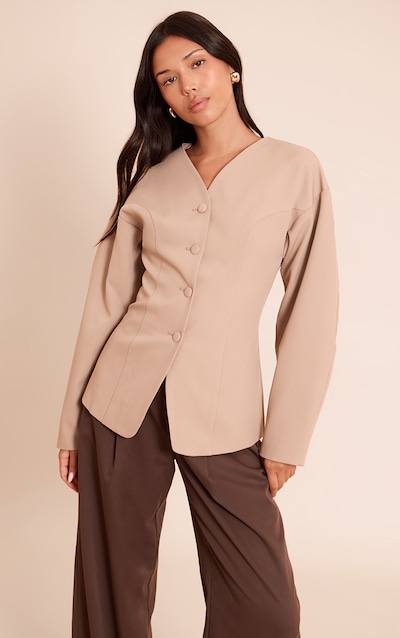 Blazer taupe sans col à boutons recouverts de tissu
