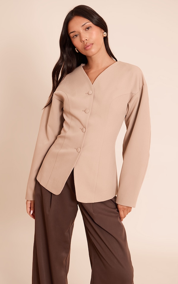 Taupe Collarless Fabric Covered Button Blazer