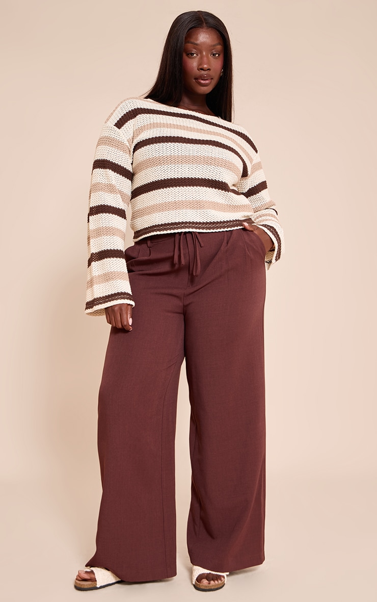Plus Brown Striped Boatneck Long Sleeve Top image 3