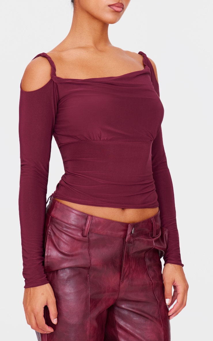 Burgundy Slinky Twist Shoulder Detail Cut Out Top image 4