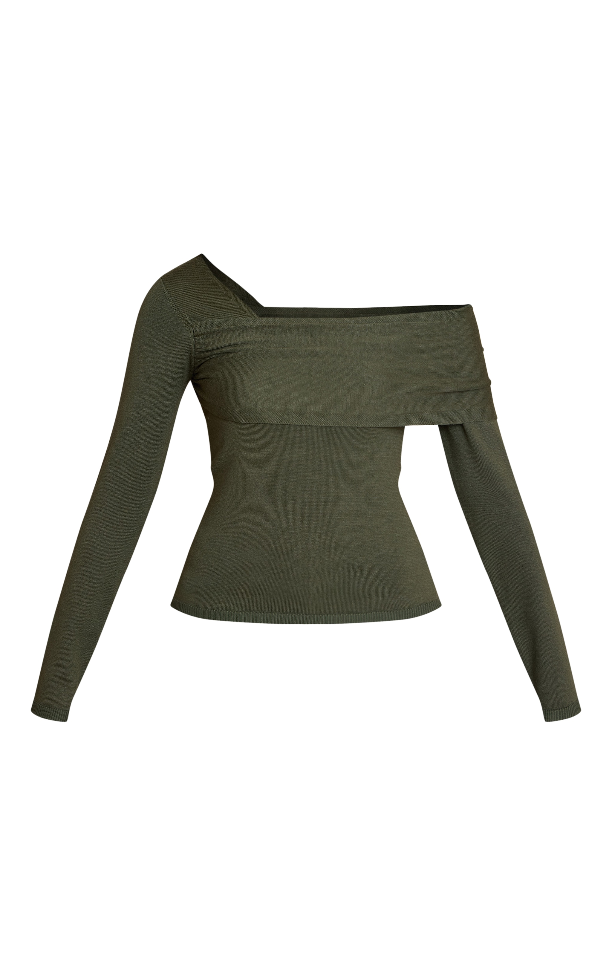 Olive Long Sleeve Asymmetric Shoulder Knitted Top image 5
