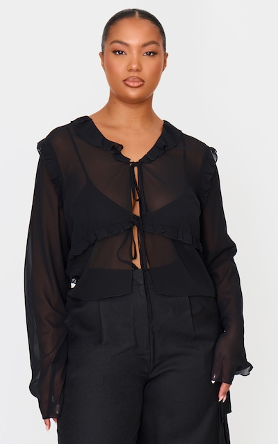Plus Black Chiffon Ruffle Fitted Tie Front Blouse