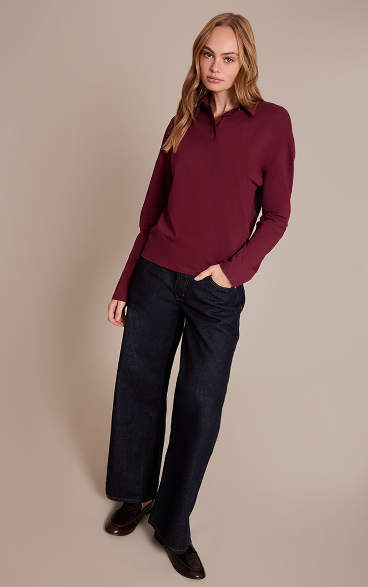 Plum Cotton Polo Collar Long Sleeve Top image 3