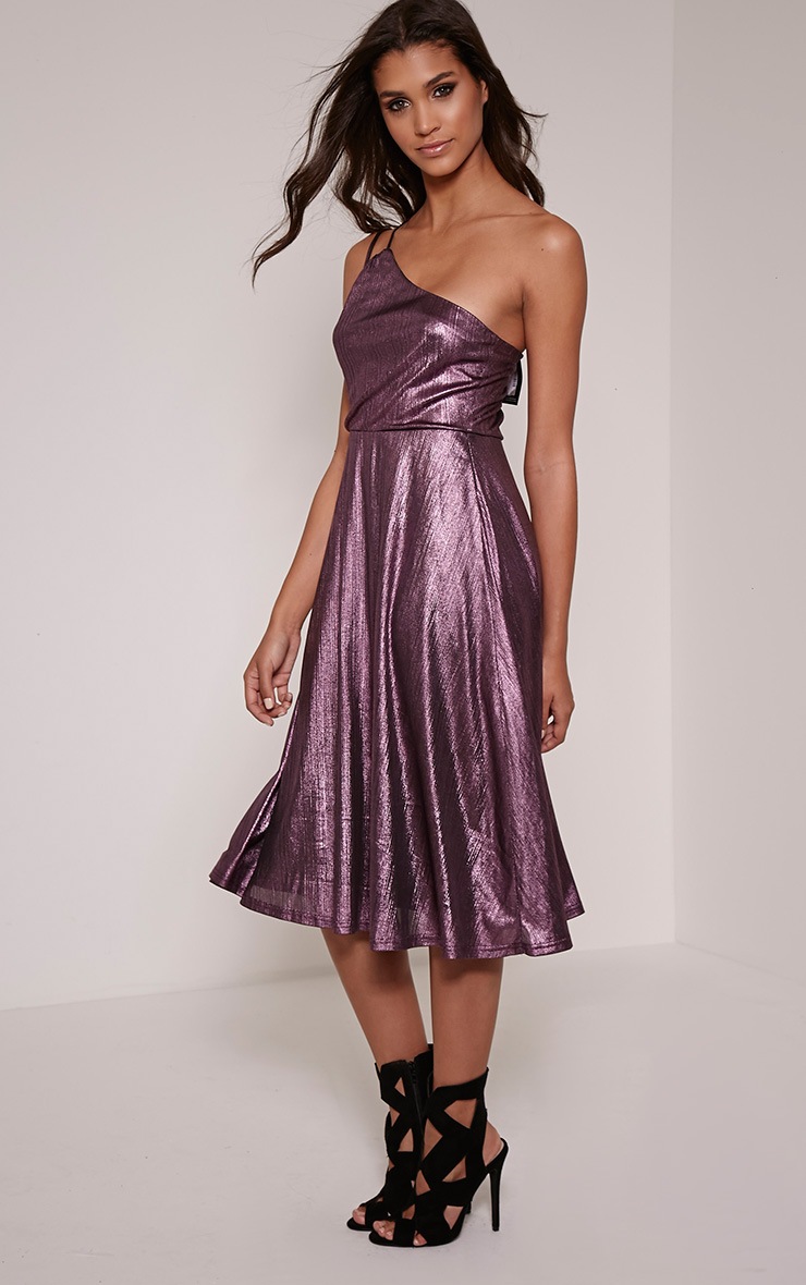 Stephy Purple Metallic Skater Dress | Dresses | PrettyLittleThing