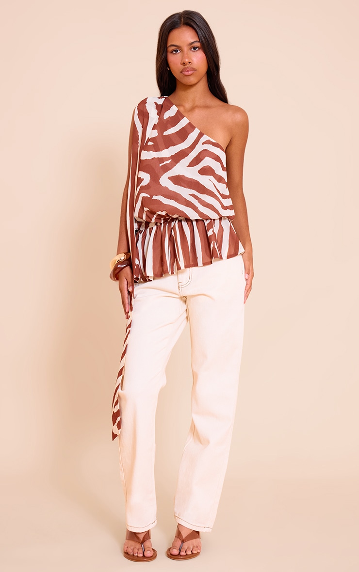 Petite Zebra Sheer One Shoulder Flowy Ruched Long Top image 3