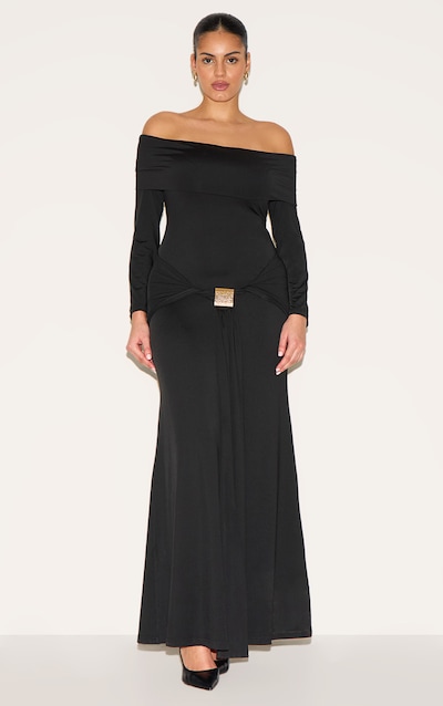 Robe longue Bardot Noire Grande Taille, Manches Longues, Détails Drapés et Bordures
