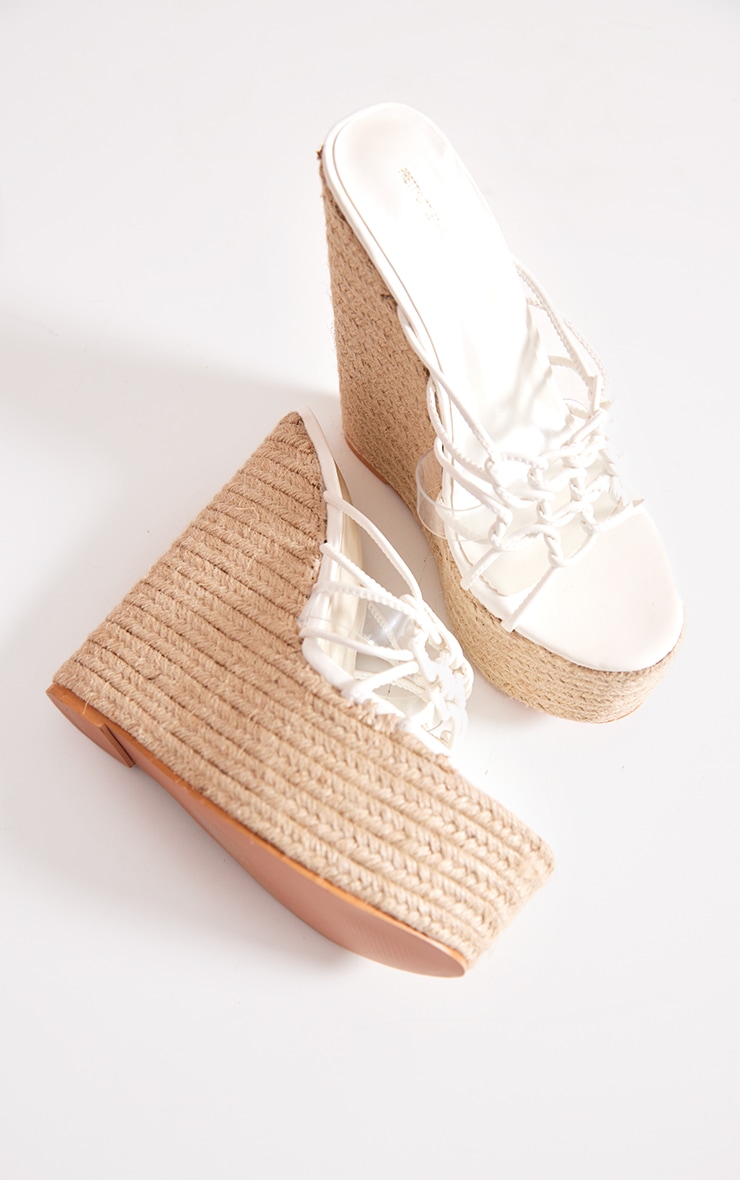 White PU Knotted Twists High Heeled Espadrille Wedges image 3