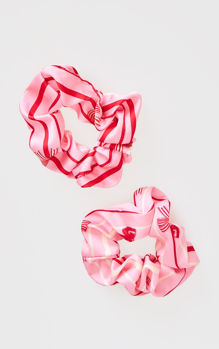 Pink 2 Pack Christmas Bow Print Satin Scrunchie Set image 1
