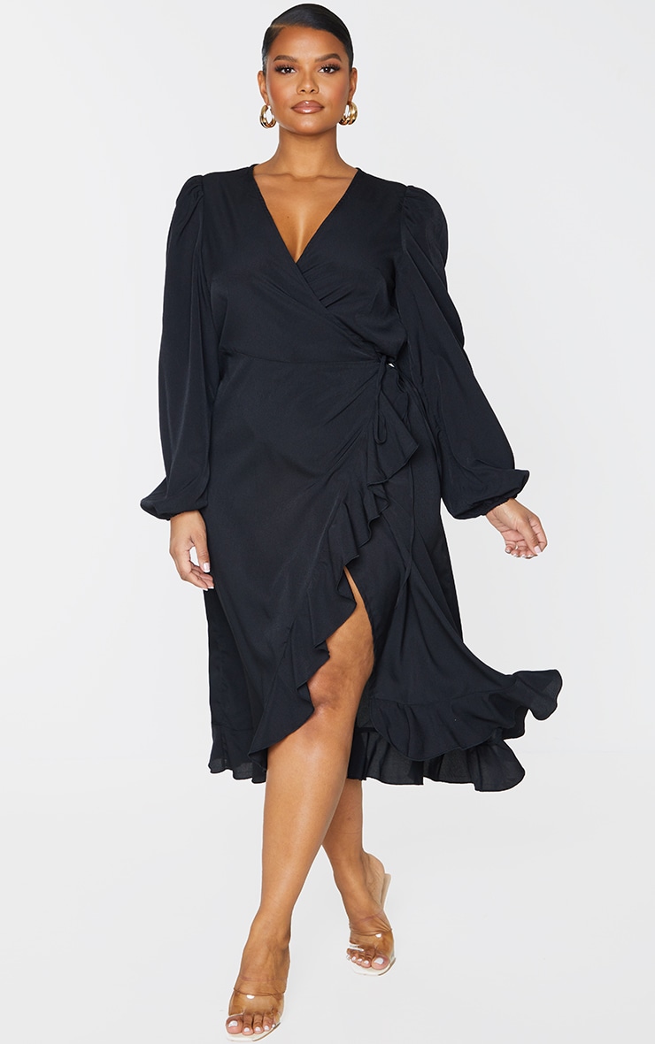 Plus Black Ruffle Wrap Front Midi Dress image 1