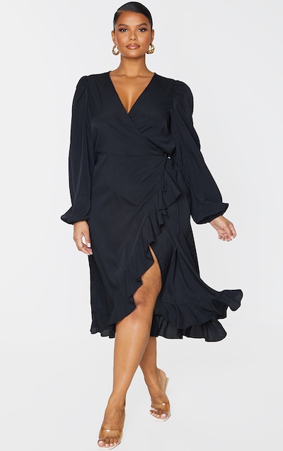 Plus Robe cache-coeur noire mi-longue volantée