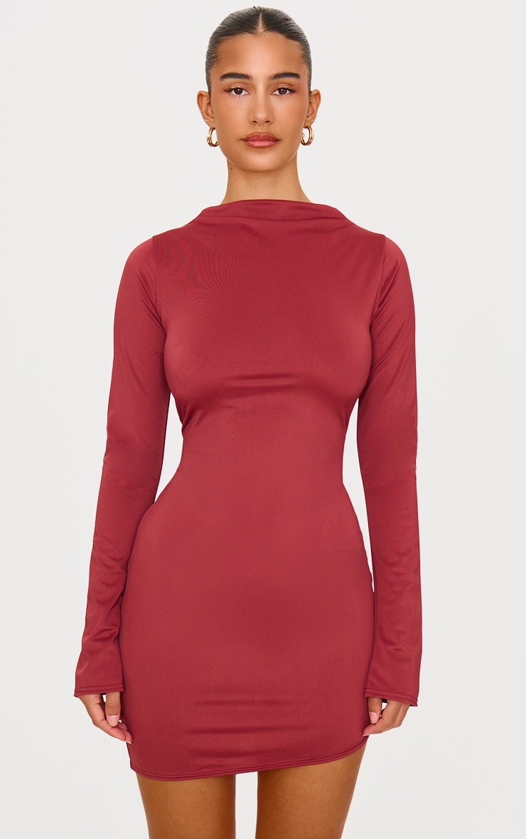 PrettyLittleThing.com Burgundy Matte Sculpt Boat Neck Long Sleeve Mini Dress