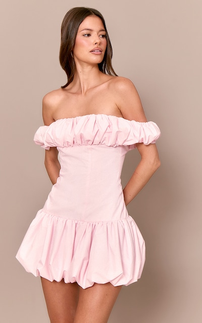 Pale Rose Ruched Bardot Puff Hem Bodycon Dress