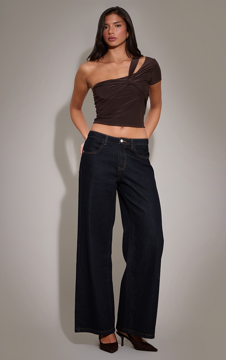 Chocolate Double Layer Slinky Bust Detail One Shoulder Top  image 3