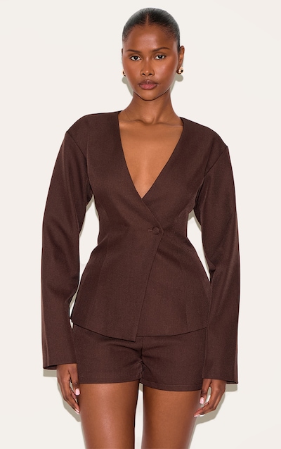 Blazer de tailleur asymétrique chocolat profond à taille cintrée