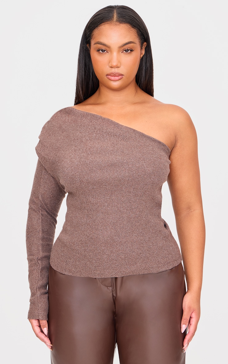Plus Chocolate Brushed Rib Asymmetric Shoulder Long Top image 1