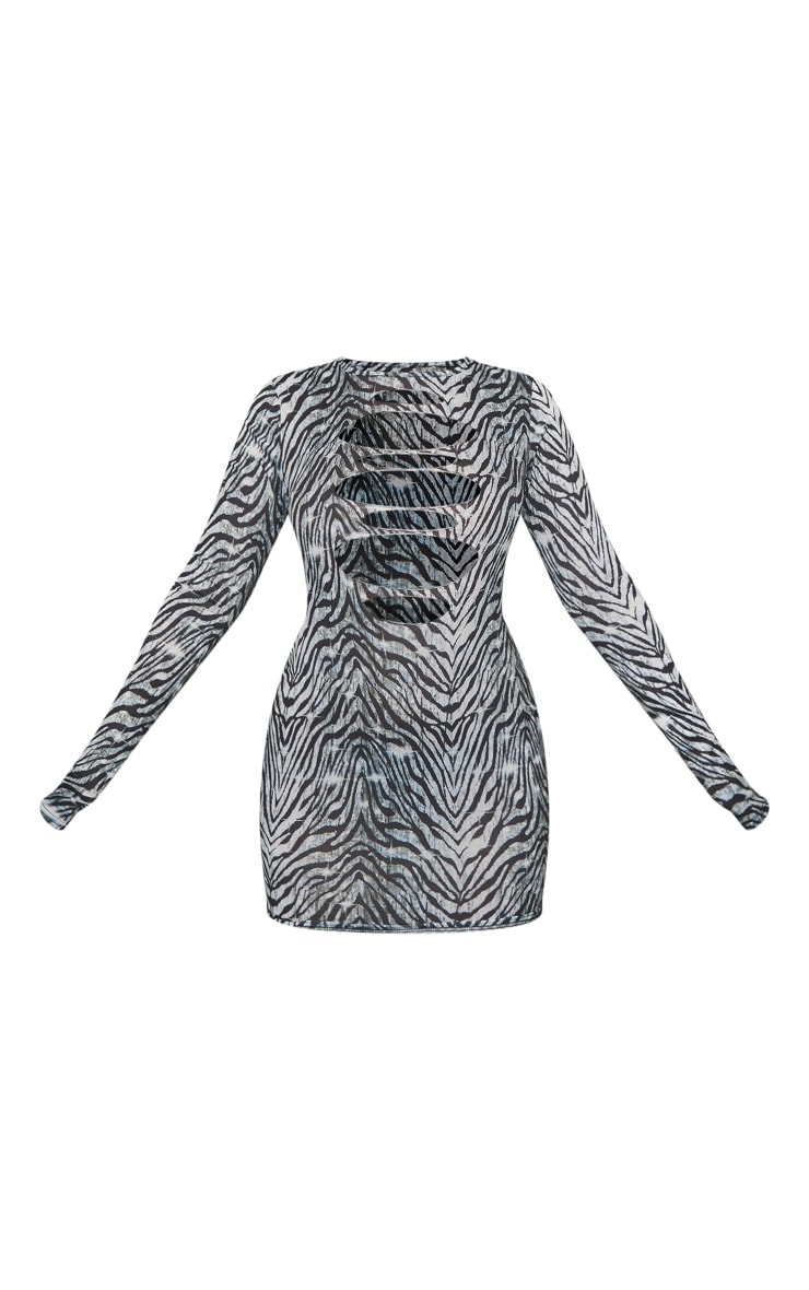 Monochrome Tiger Print Cut Out Long Sleeve Bodycon Dress image 5