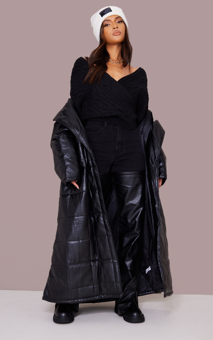 Black Chunky Rib Off Shoulder Crop Sweater image 3