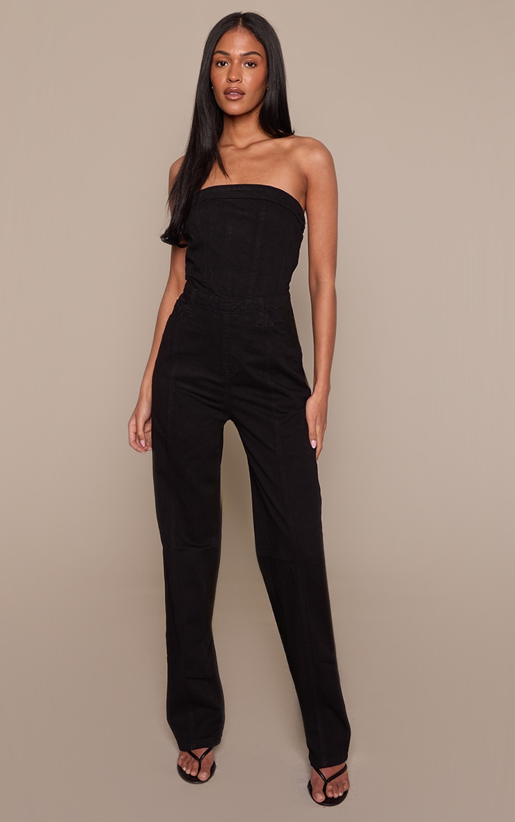 Tall Black Bandeau Denim Straight Leg Jumpsuit