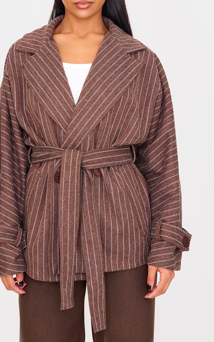 Chocolate Pinstripe Tie Waist Trench Coat image 4