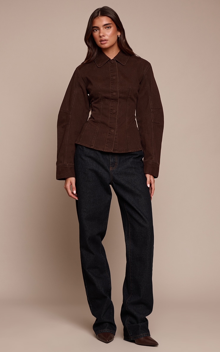 Chocolate Balloon Sleeve Cinched Denim Shirt image 3