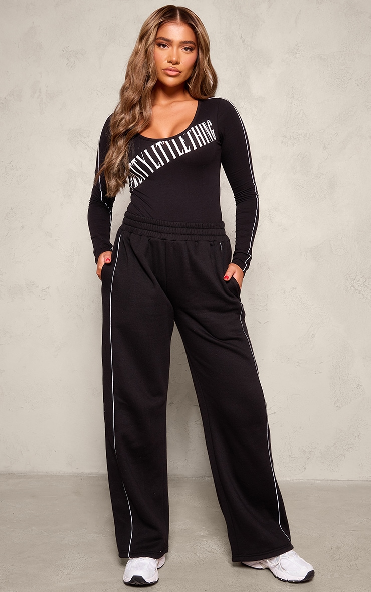 PRETTYLITTLETHING Black Wide Leg Contrast Piping Track Pants