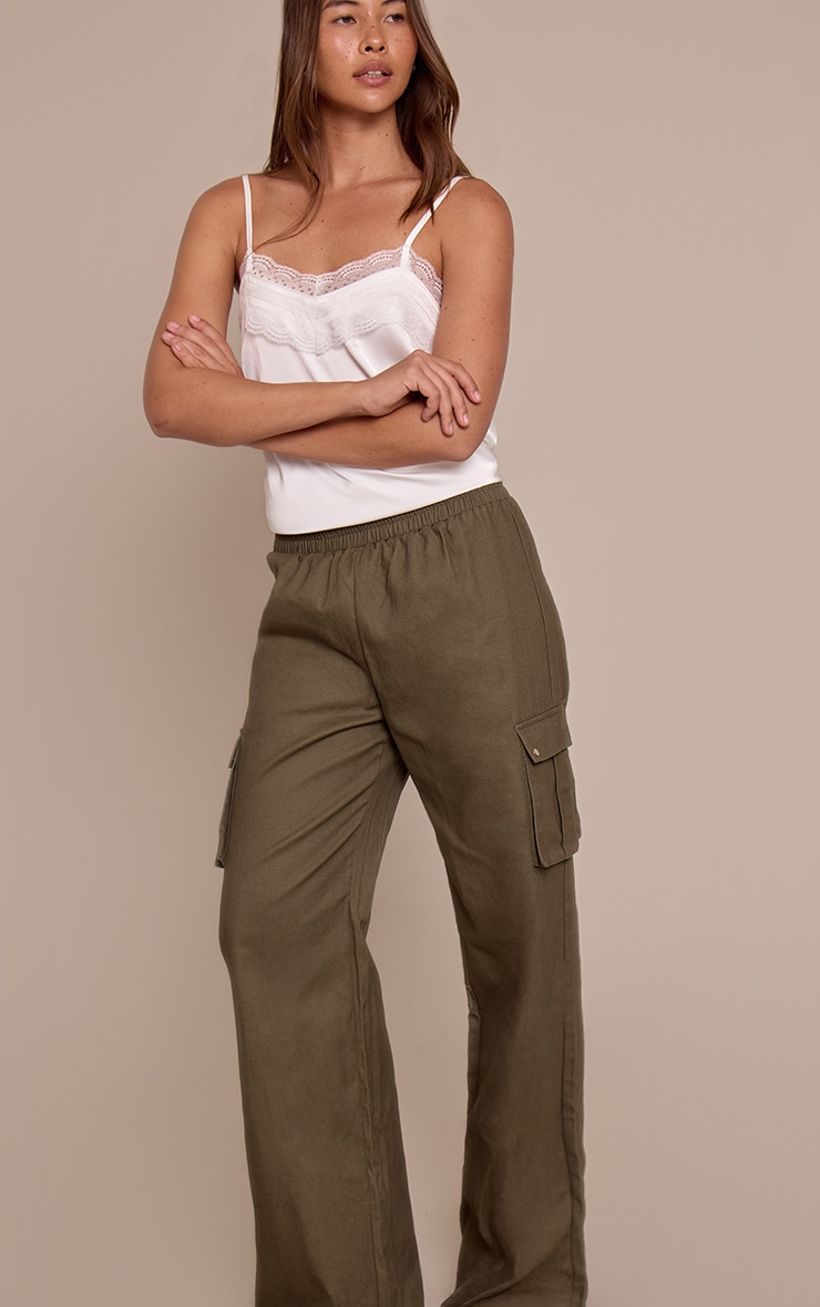 Khaki Wide Leg High Waisted Cargo Pants image 2